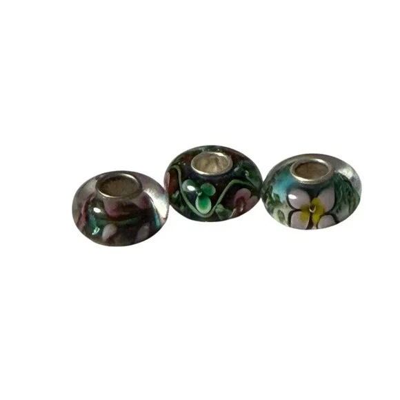 Artistic 3pc Floral Lampwork Glass European Charm Multicolor Silver Tone Core - Picture 6 of 6